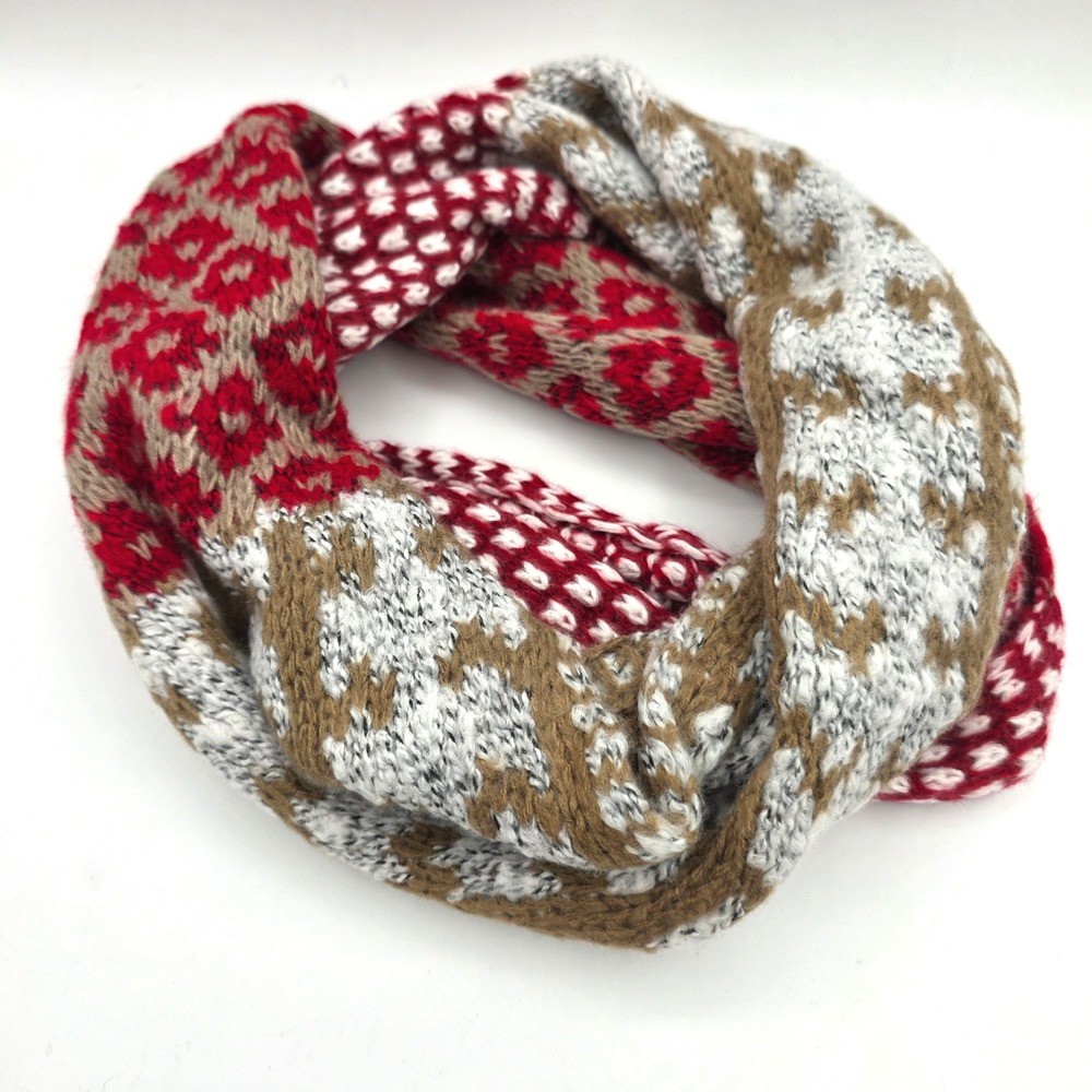 J. Jill Infinity Scarf Red Brown White Geometric Knit Women One Size